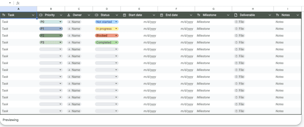 Google Sheets Table Template Project Management